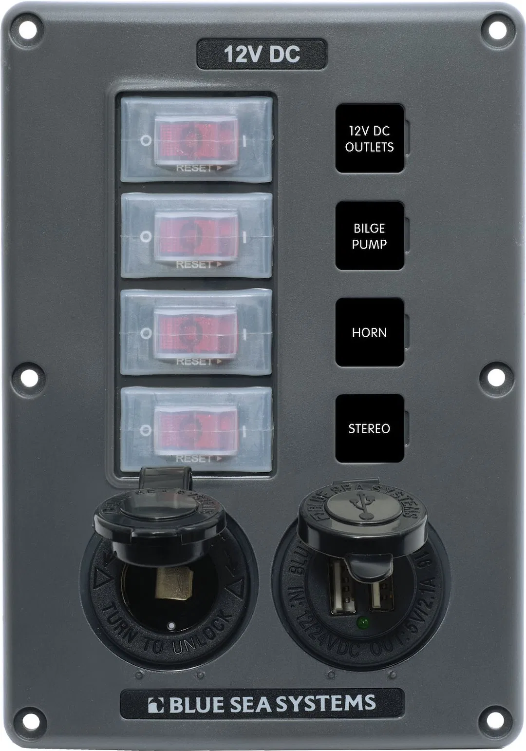 4321-BSS – BLUE SEA Switch Panel, With 4 Rocker Switches 4 Positions 12 Volt DC 45 Amps Gray With 4 Circuit Breaker/ ...